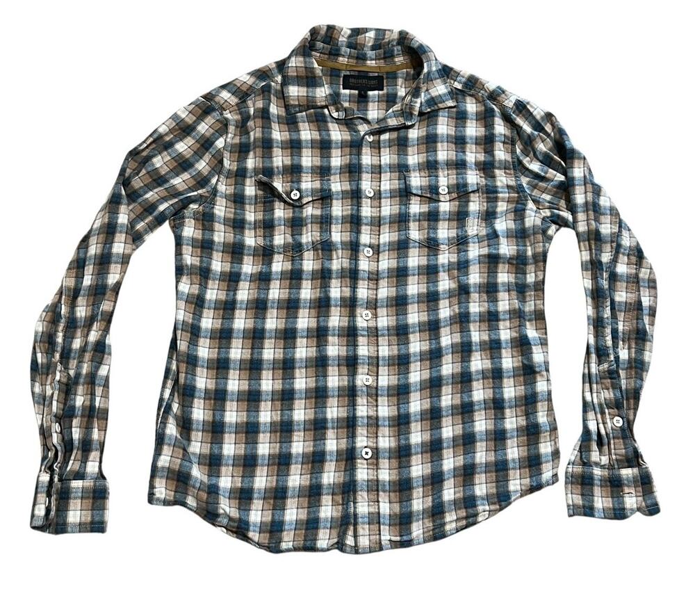 Brothers/Sons Small Plaid Flannel Shirt Green Tan Classic Y2K Grunge Outdoor
